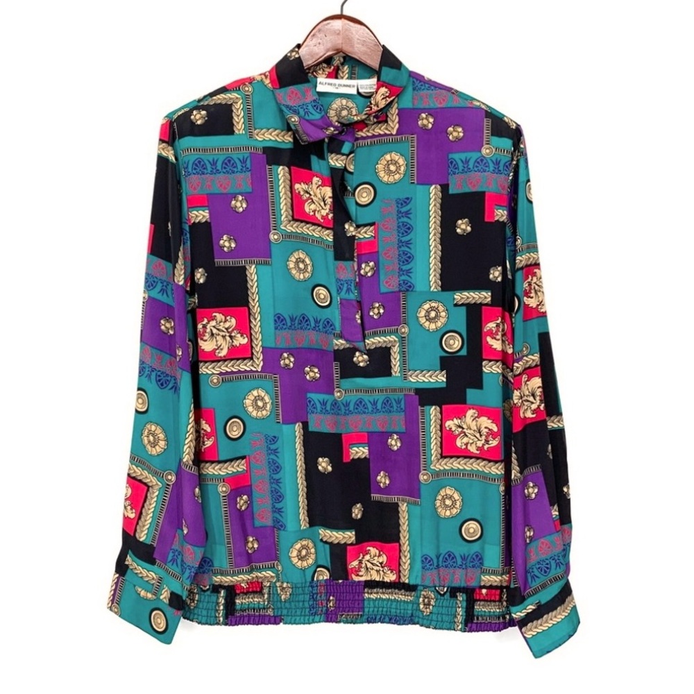 Vintage Vibrant Long Sleeve Colorful Royal Patterned Button Up Blouse Size 16